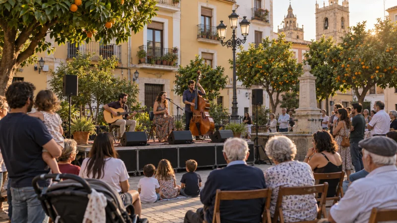 Vecinos de distintas edades asisten a una actuación musical al aire libre en una plaza de barrio de València