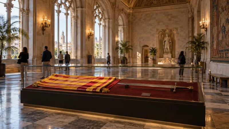 Una sala cívica con una vitrina que muestra una tela ceremonial y una espada histórica
