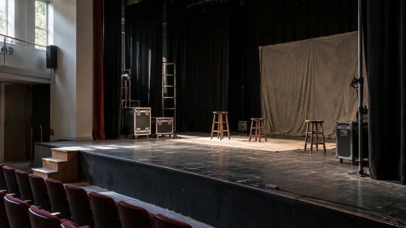 Escenario de teatro municipal preparado para una función itinerante