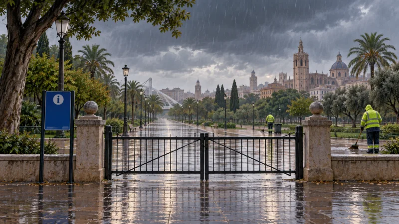 Acceso cerrado a un paseo ajardinado de València bajo lluvia, con la ciudad al fondo.