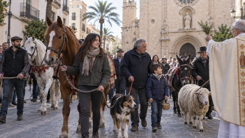 Una bendición de animales en una celebración tradicional, en una calle de estilo mediterráneo.