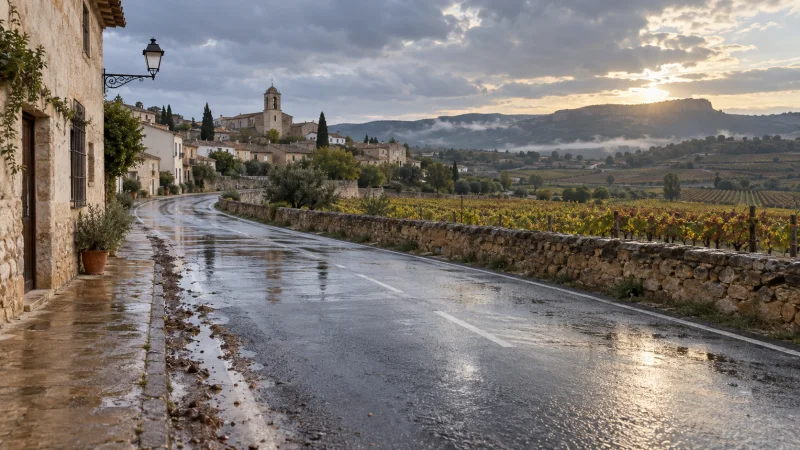 Carretera mojada junto a viñedos y casas de piedra en un paisaje rural valenciano tras la lluvia
