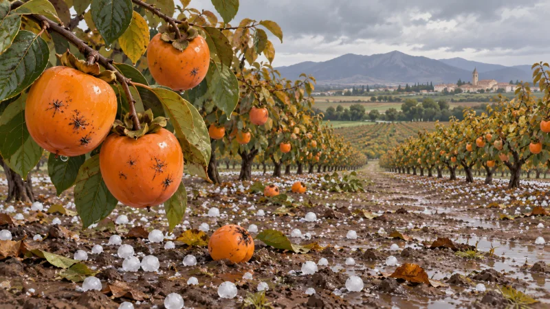 Caquis marcados por el granizo en un campo mojado, en una ilustración editorial sobre los daños agrícolas en La Ribera.