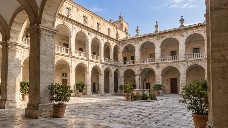 Patio monumental de piedra con galerías de arcos en dos alturas y una fuente central.