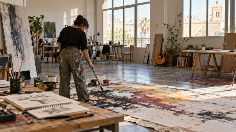 Una persona trabaja en una obra pictórica dentro de un taller luminoso con cuadernos y una guitarra al fondo.