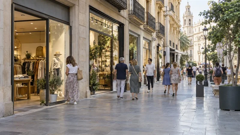 Personas pasean frente a escaparates abiertos en una calle urbana con fachadas de piedra y balcones.