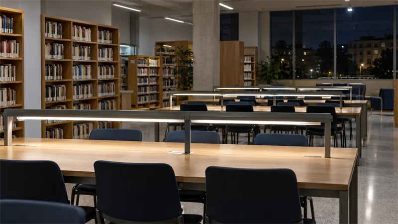 Sala de estudio de una biblioteca pública con mesas y estanterías iluminadas durante la noche.