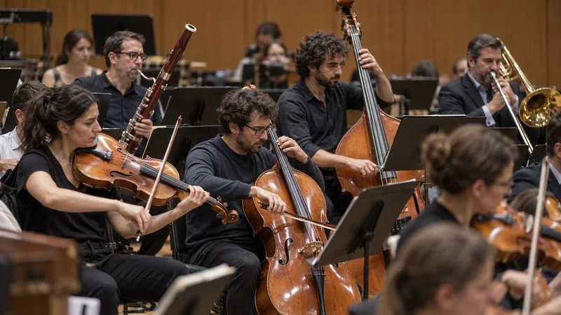 Músicos de una orquesta ensayan con viola, violonchelo, contrabajo, fagot y trombón bajo.