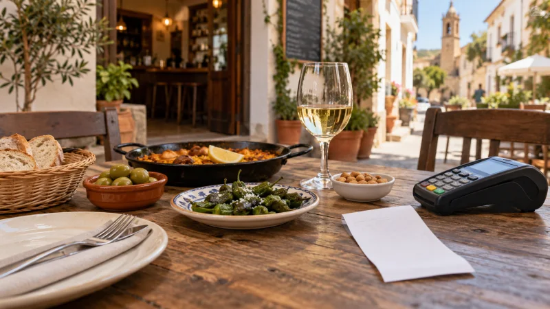 Mesa de una terraza de hostelería con comida y un datáfono, en una plaza mediterránea.