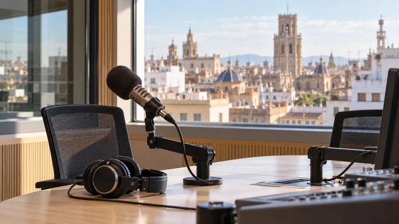 Micrófono y auriculares sobre una mesa de un estudio de radio con edificios de València al fondo.