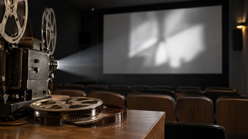 Proyector de 16 mm y bobina de película ante una pantalla de cine en blanco y negro.