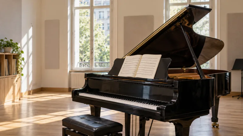 Piano de cola negro con una partitura abierta en una sala de estudio luminosa