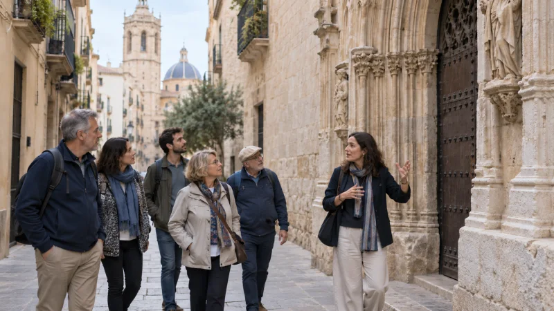 Grupo pequeño de visitantes escucha a una guía en una calle histórica de València