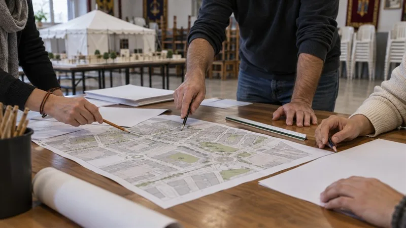 Varias personas consultan un plano urbano con lápices y documentación sobre una mesa.