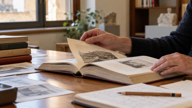 Manos revisan un libro de historia abierto con imágenes en blanco y negro, junto a unas notas y un lápiz sobre una mesa de madera.
