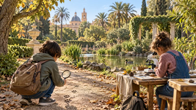 Dos menores exploran huellas y observan muestras en un microscopio en un jardín mediterráneo