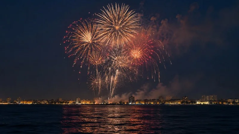 Fuegos artificiales dorados y rojos sobre una línea urbana costera durante la noche