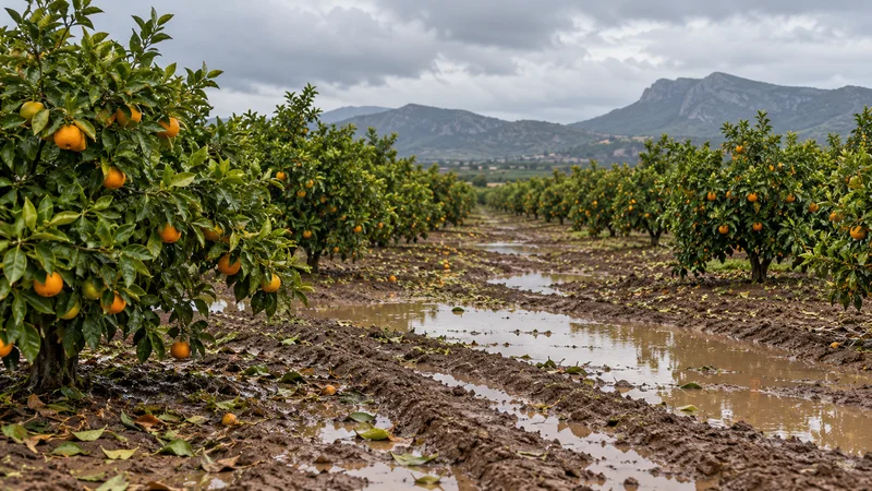 Hileras de cítricos en un campo con suelo embarrado y pequeñas zonas de agua tras la lluvia.