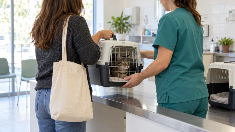 Una persona voluntaria entrega un transportín con un gato atigrado a una profesional veterinaria en una clínica.