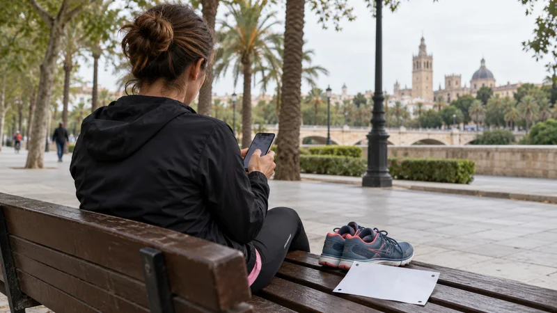 Una persona sentada en un banco de un paseo de València consulta el móvil junto a unas zapatillas y un dorsal en blanco.