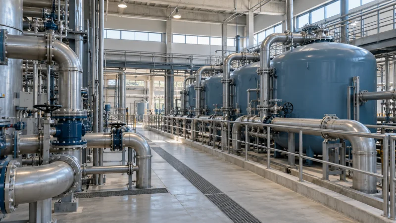 Interior de una planta potabilizadora con depósitos de filtración y tuberías de acero.