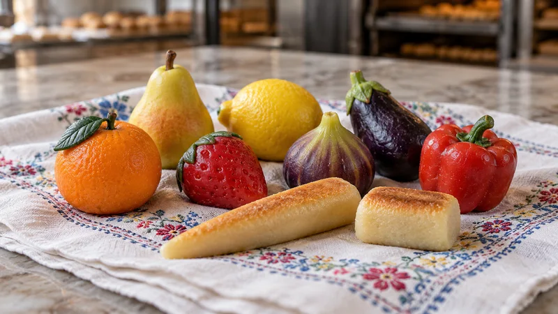Figuras de mazapán con formas de fruta y hortalizas sobre un pañuelo estampado.