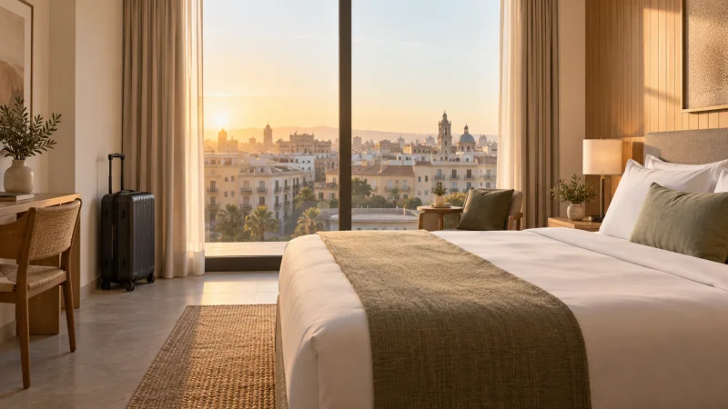 Habitación de hotel con una maleta junto a la ventana y una vista urbana al amanecer.
